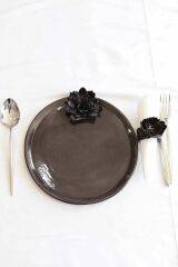 Kahverengi Stoneware Seramik Çiçekli El Yapımı Tabak