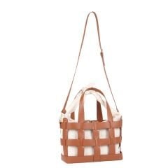 FB-2989 Long Strap Faux Leather and Canvas Shoulder Bag