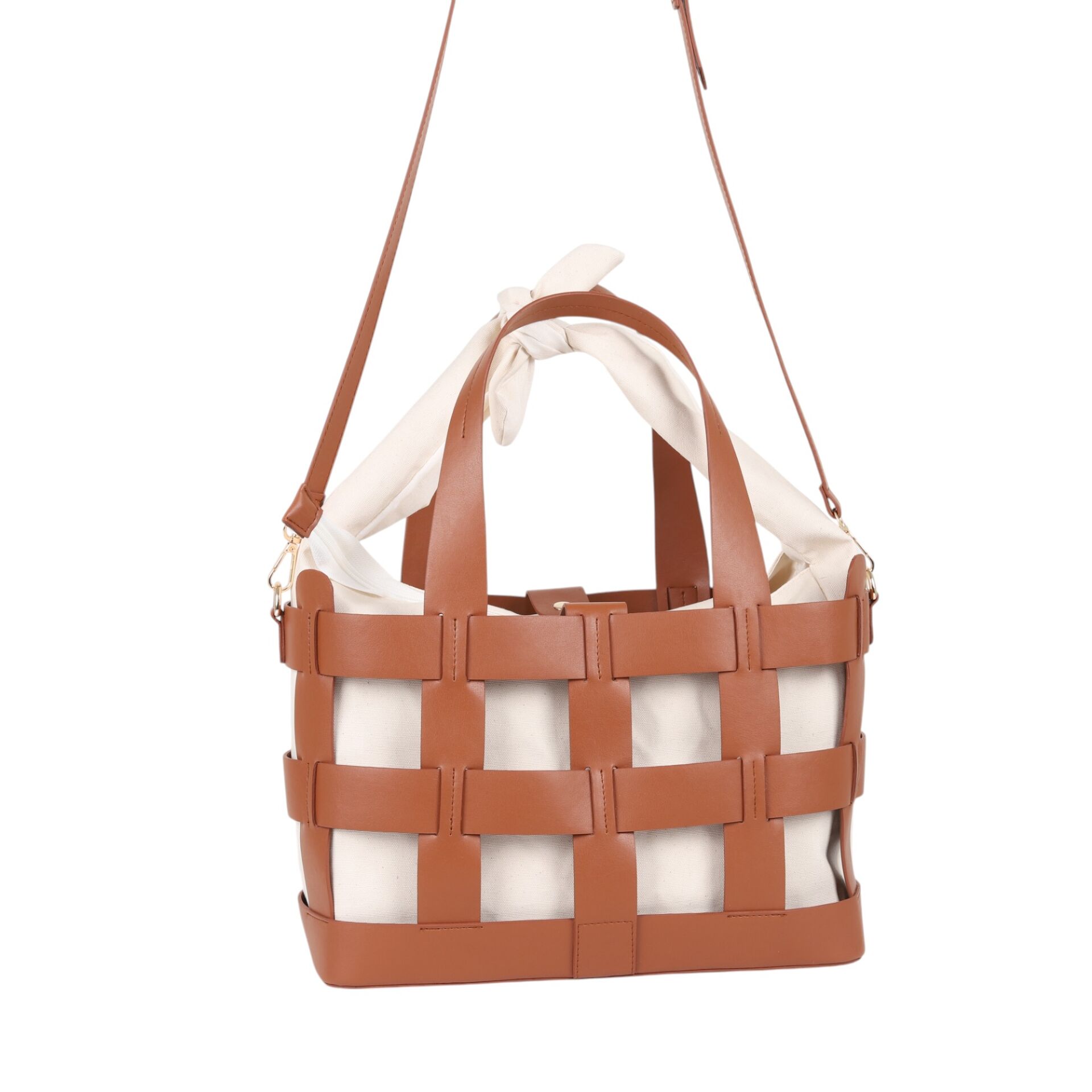 FB-2989 Long Strap Faux Leather and Canvas Shoulder Bag