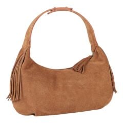DFB0011 Tan Suede Calfskin Moon Shape Women's Shoulder Bag | Tassel & Zippered