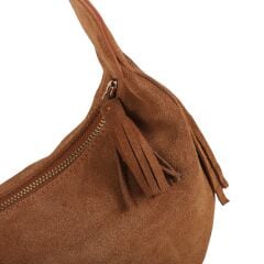 DFB0011 Tan Suede Calfskin Moon Shape Women's Shoulder Bag | Tassel & Zippered