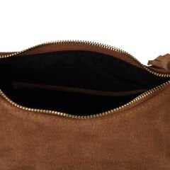 DFB0011 Tan Suede Calfskin Moon Shape Women's Shoulder Bag | Tassel & Zippered