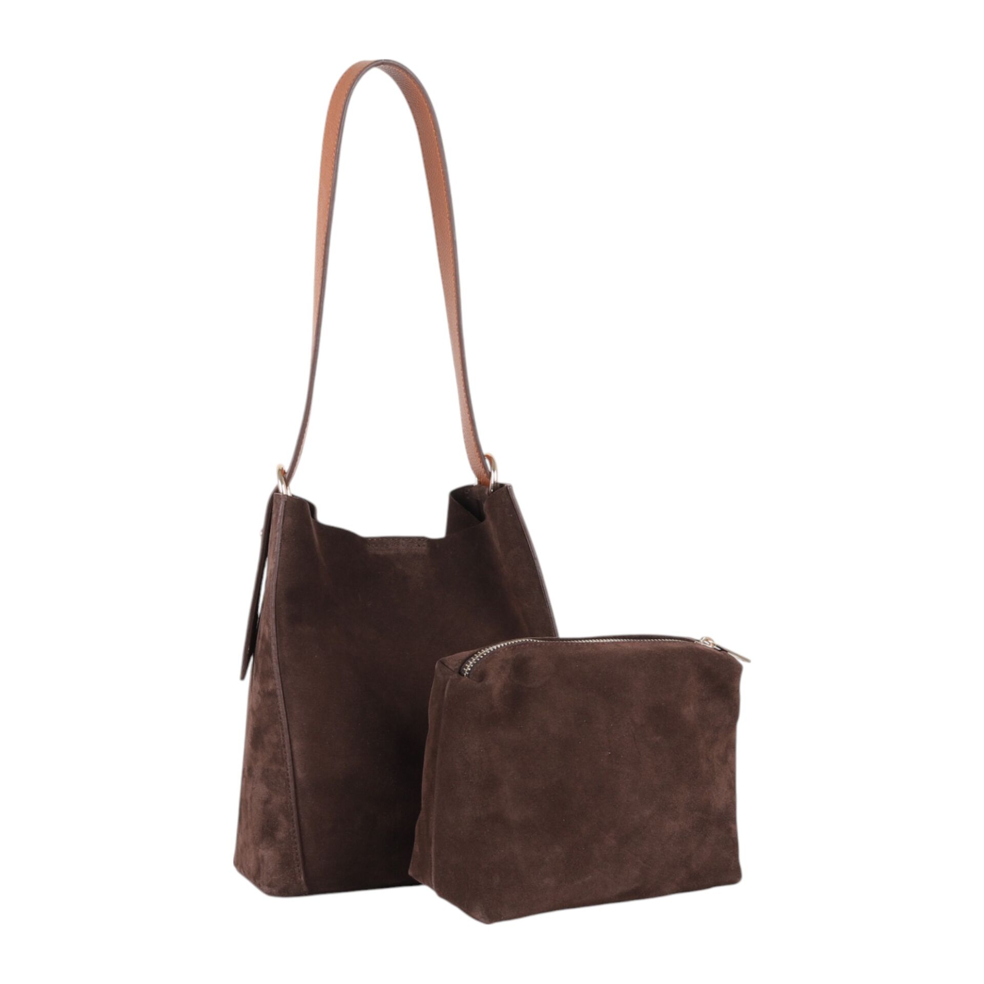 DFB3727 Brown Suede Cowhide Leather Shoulder Bag with Inner Pouch – Boho Style